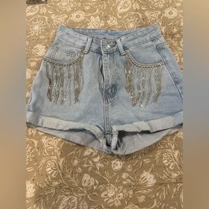 Denim shorts with rhinestone fringe XS